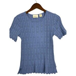 Draper's Studio Women's S Blue Pointelle Ribbed Knit Short Sleeve Top USA